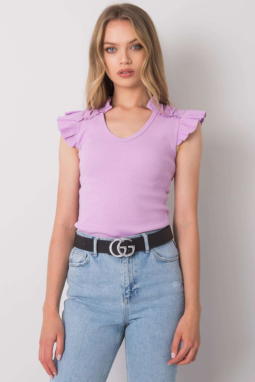 Schmetterlingsärmel Bluse Damen Violett – Baumwolle Gerippt