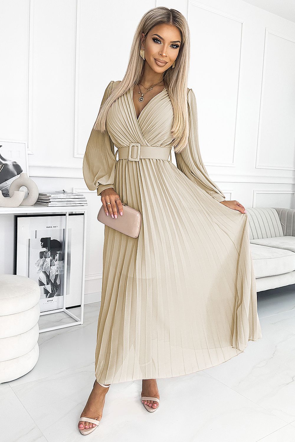 Cocktailkleid Damen Plissiert Gürtel Langarm
