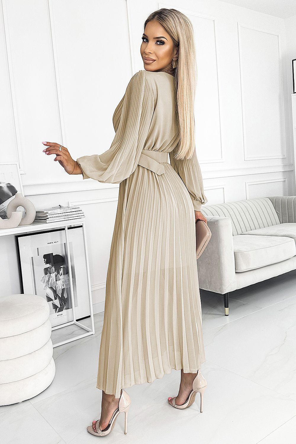 Cocktailkleid Damen Plissiert Gürtel Langarm