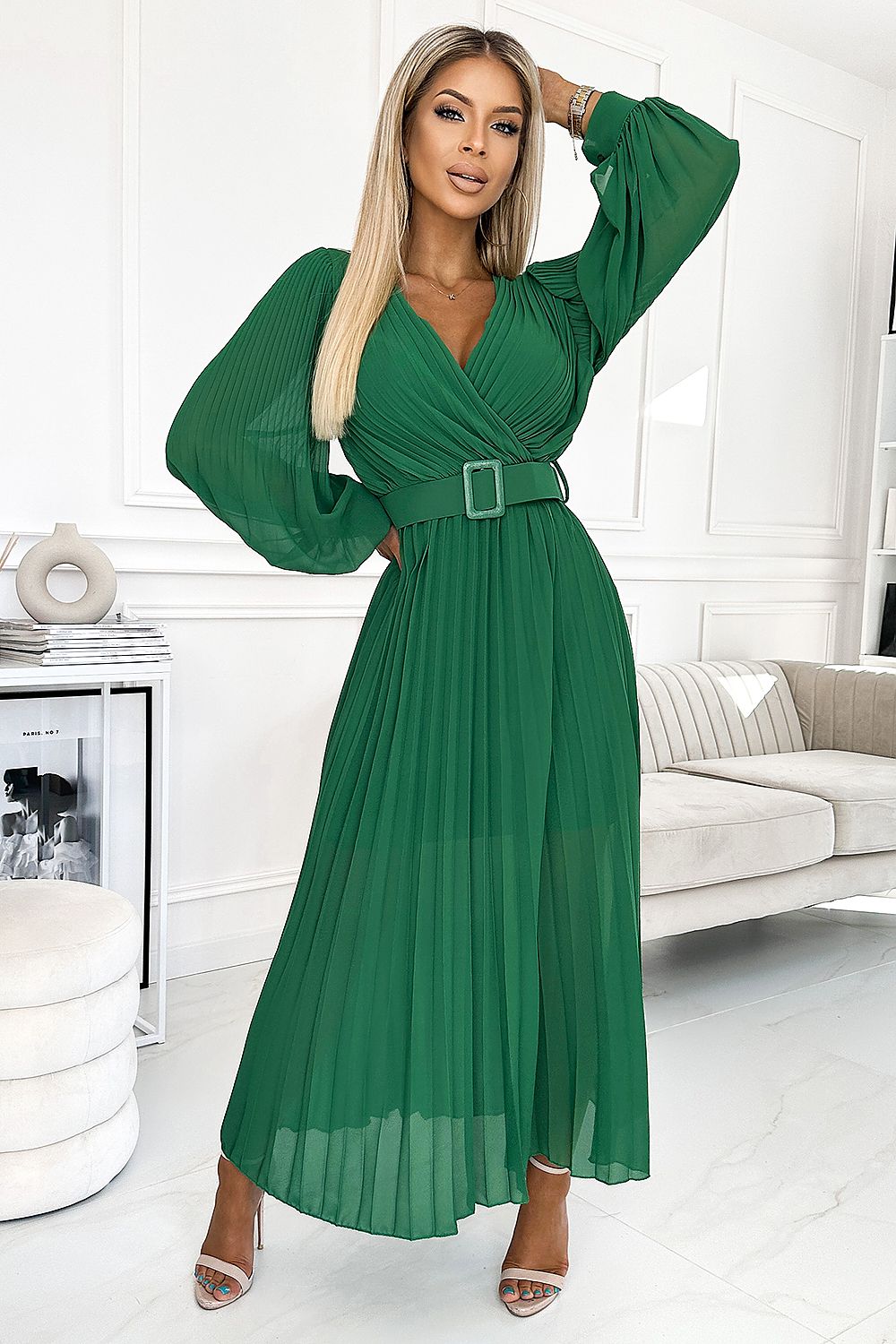 Cocktailkleid Damen Plissiert Gürtel Langarm