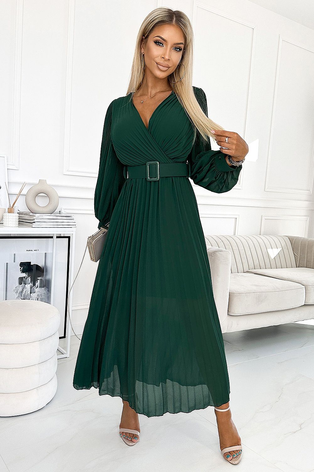 Cocktailkleid Damen Plissiert Gürtel Langarm