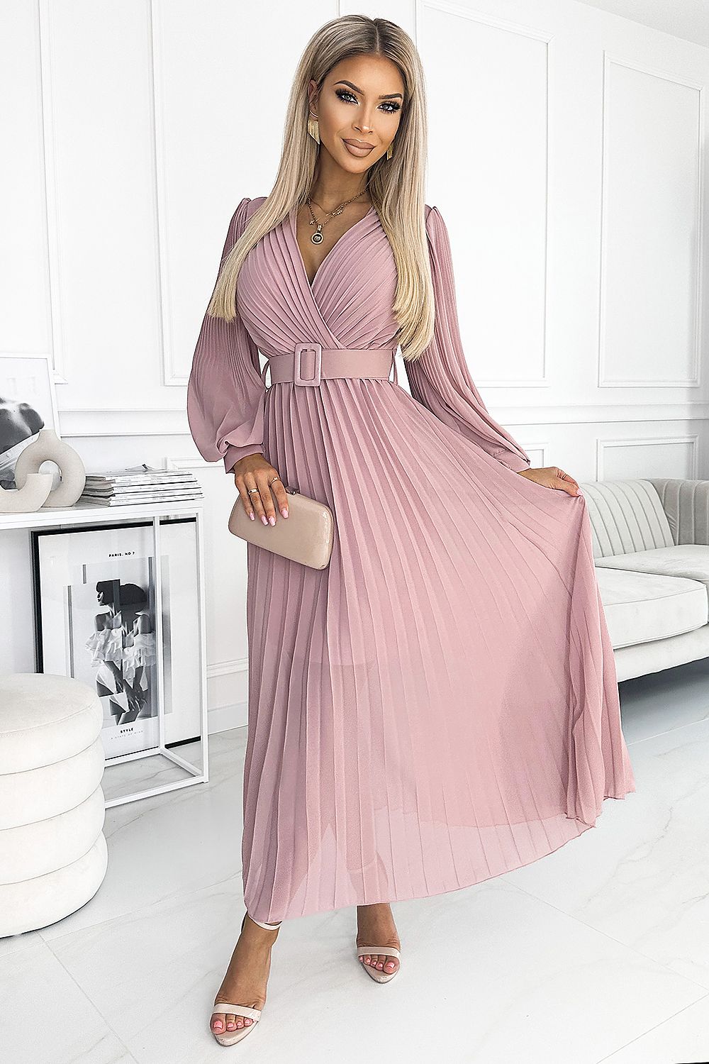 Cocktailkleid Damen Plissiert Gürtel Langarm