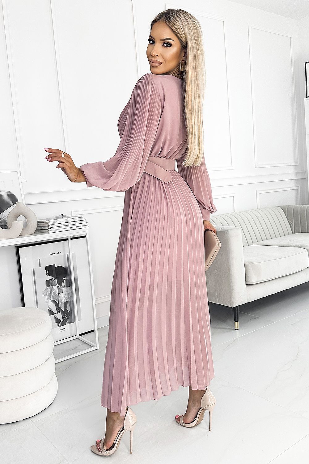 Cocktailkleid Damen Plissiert Gürtel Langarm
