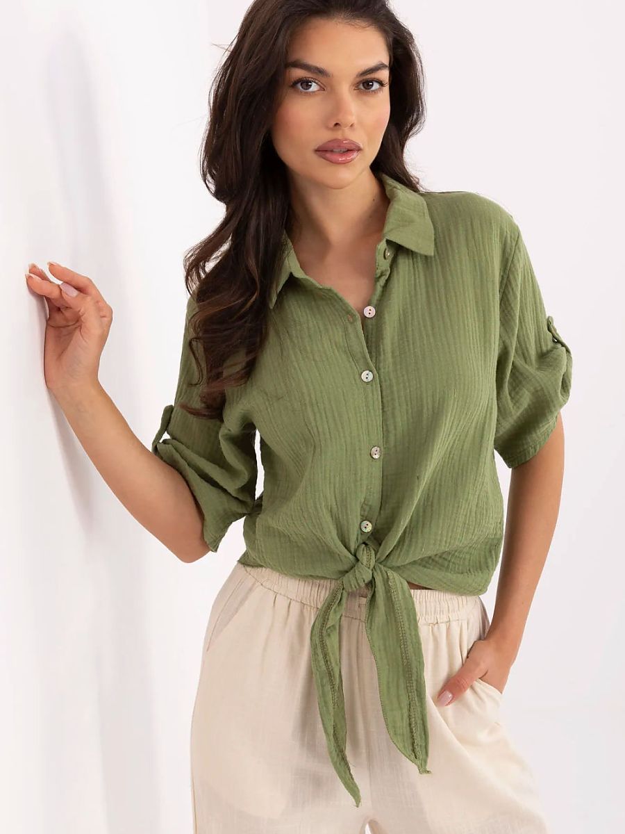Damen Shirt Grün Baumwolle - Lässiges Kurzarm Hemd