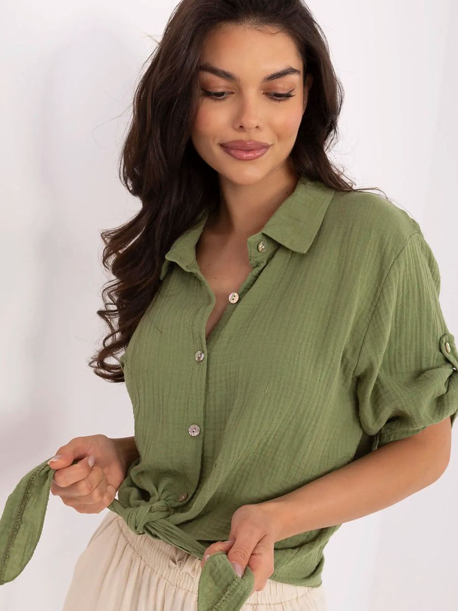 Damen Shirt Grün Baumwolle - Lässiges Kurzarm Hemd