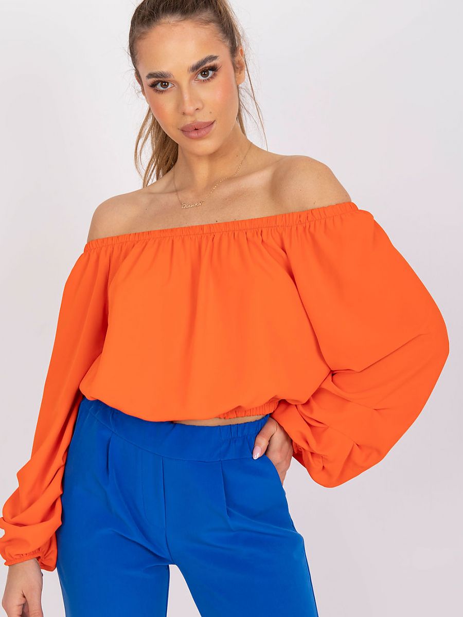 Damen Bluse Orange Schulterfrei - Sommerbluse Langarm Weite Ärmel