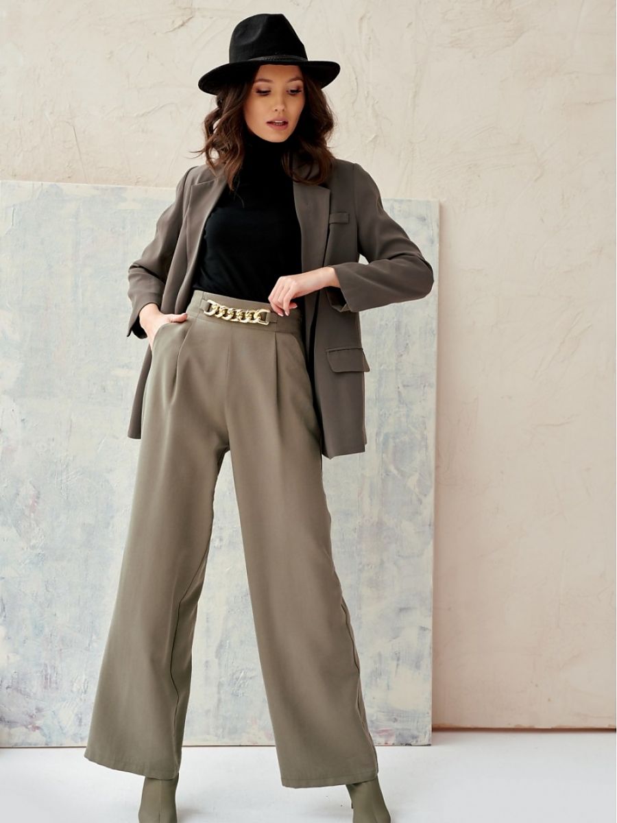 Damen Hose Grün Weites Bein - Elegante Palazzo Hose Hohe Taille