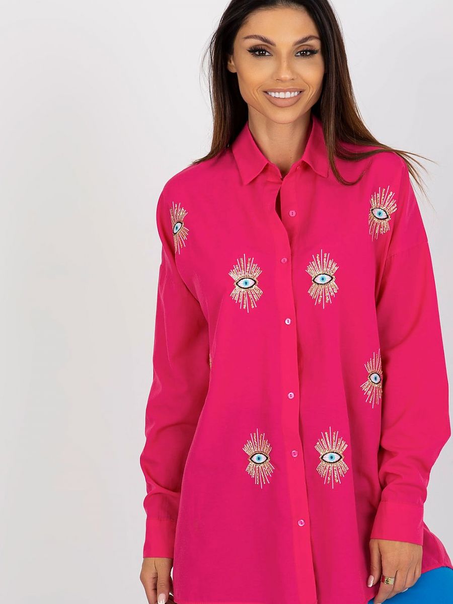 Damen Langarm Hemd Pink Baumwolle - Lockeres Shirt mit Stickerei