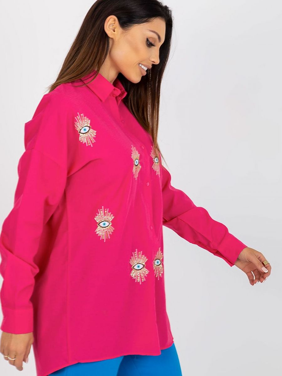 Damen Langarm Hemd Pink Baumwolle - Lockeres Shirt mit Stickerei