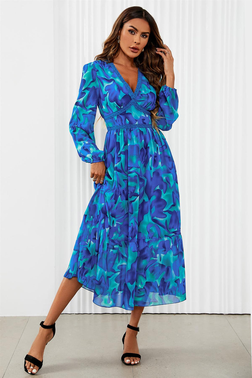 Maxikleid Damen Blumenprint Blau Langarm Spitze kaufen