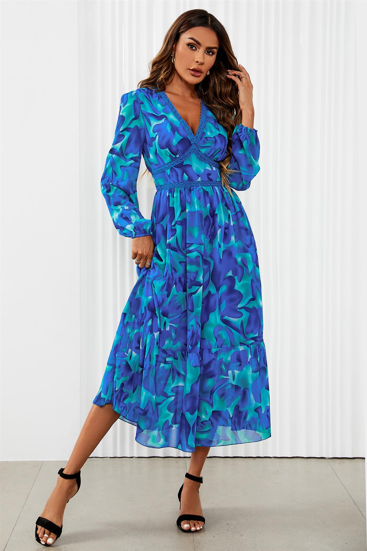 Maxikleid Damen Blumenprint Blau Langarm Spitze kaufen