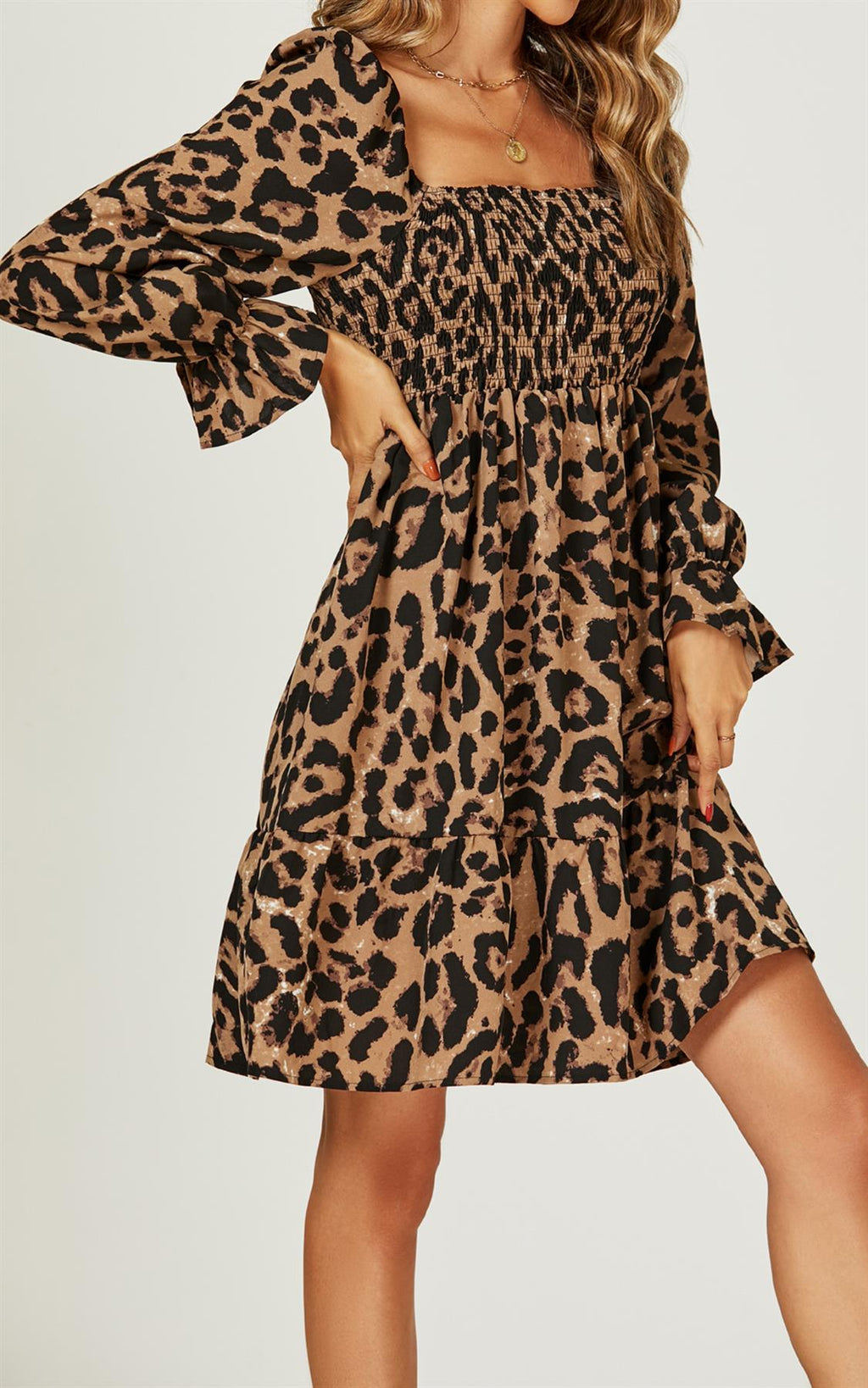 Minikleid Damen Leopardenmuster Puffärmel Eckausschnitt kaufen