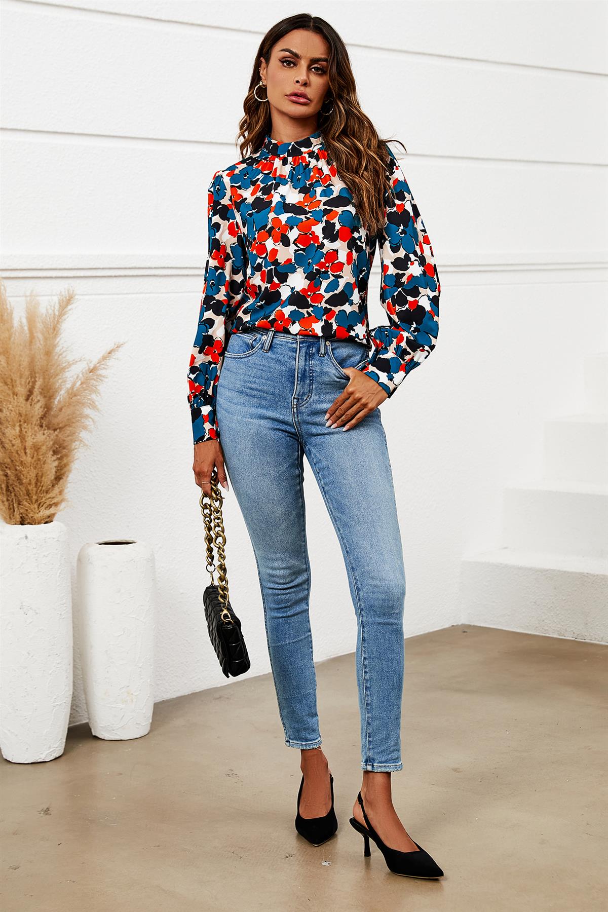 Bluse Damen Blumenprint Blau Stehkragen Langarm kaufen