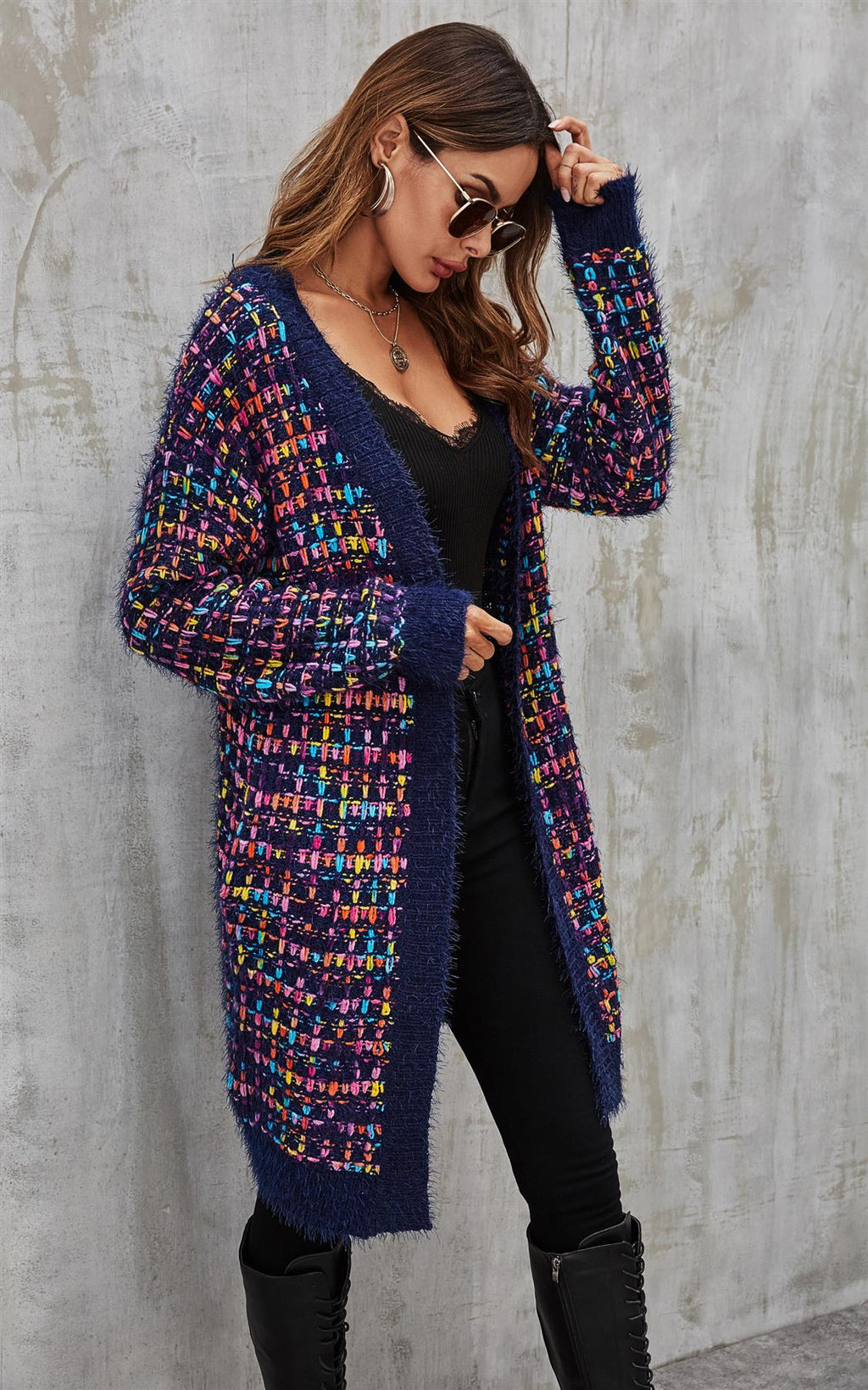Cardigan Damen Bouclé Kariert Navy Bunt Oversized Strickjacke