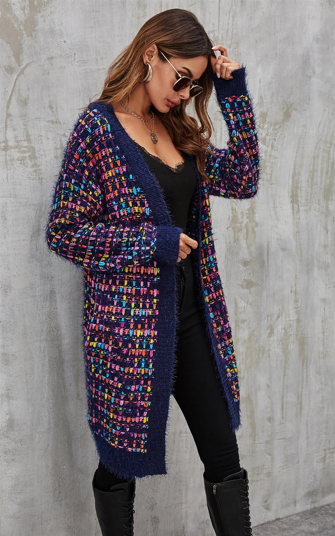 Cardigan Damen Bouclé Kariert Navy Bunt Oversized Strickjacke