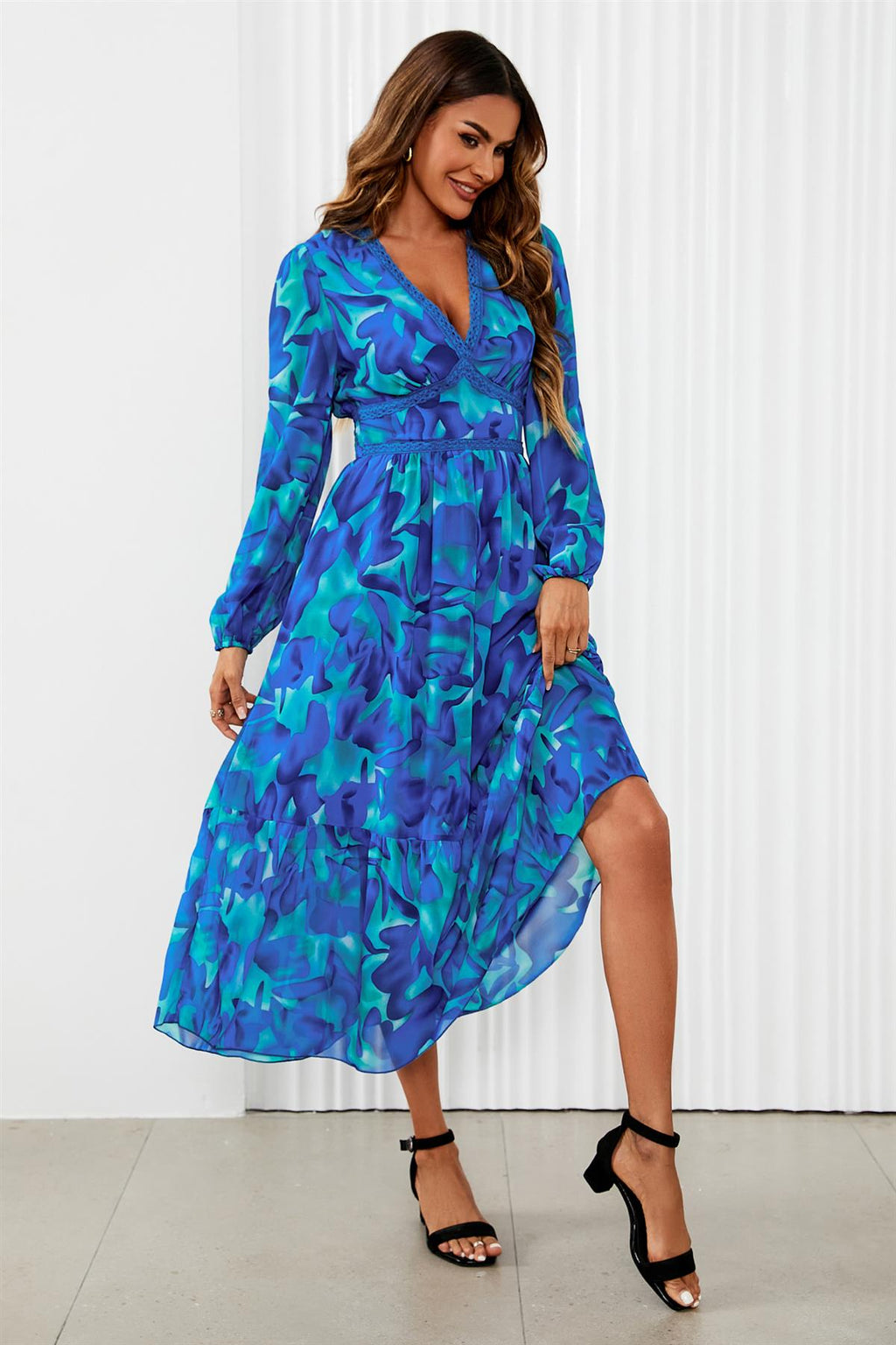 Maxikleid Damen Blumenprint Blau Langarm Spitze kaufen