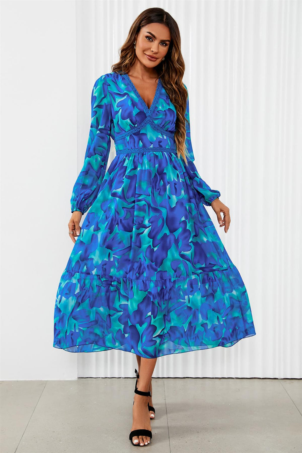 Maxikleid Damen Blumenprint Blau Langarm Spitze kaufen