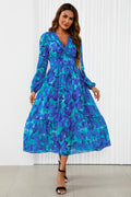 Maxikleid Damen Blumenprint Blau Langarm Spitze kaufen