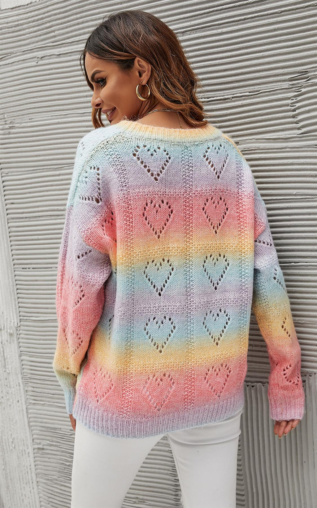 Strickpullover Damen Herzmuster Bunt Langarm Oversized Top